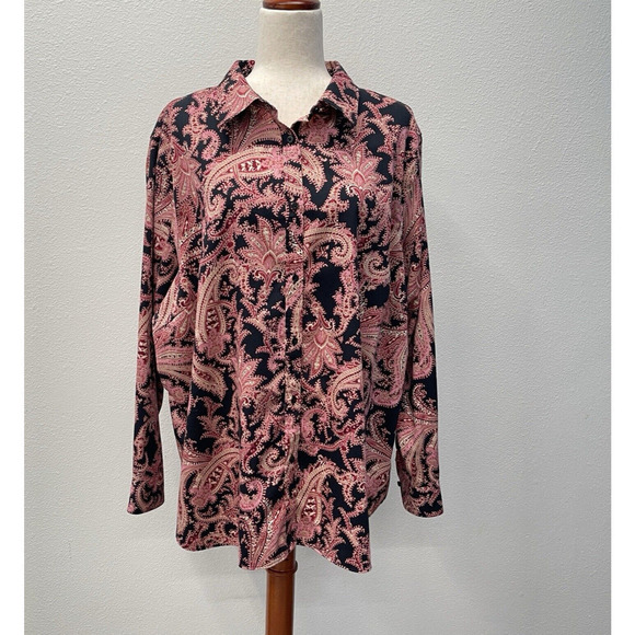 Chaps Ralph Lauren Button Up Shirt Top Size 2X Dark Paisley Flip Cuff Cotton - Picture 1 of 8